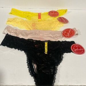 Splendies Underwear Size Medium NWT:Lot Of 4 Lace/Satin Thongs:yellow,pink,black